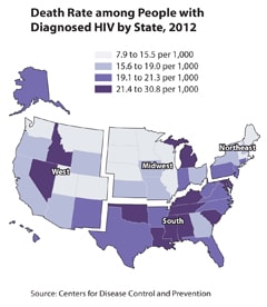 Thumbnail of U.S. map showing death rate among people with diagnosed HIV by state, 2012.