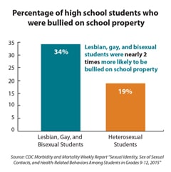 This bar chart shows the percentage of high school students who were bullied on school property. Lesbian, gay, and bisexual students (34 percent) were nearly two times more likely to be bullied on school property than their heterosexual peers (19 percent).