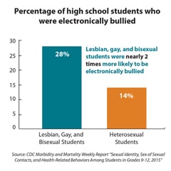 This bar chart shows the percentage of high school students who were electronically bullied. Lesbian, gay, and bisexual students (28 percent) were nearly two times more likely to be electronically bullied than their heterosexual peers (14 percent).