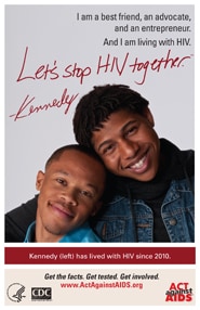 Let’s Stop HIV Together. Kennedy. Photo of Kennedy with his friend, standing behind with his arms around Kennedy. Both are smiling.