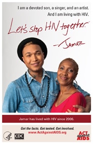 Let’s Stop HIV Together. Jamar. Photo of Jamar and his mother, with their arms around each other and smiling.