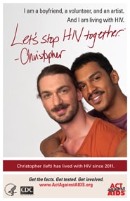 Let’s Stop HIV Together. Christopher. Photo of Christopher and his boyfriend, with Christopher’s boyfriend’s arms around him. Both are smiling.
