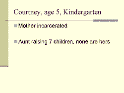 Courtney, age 5, Kindergarten Mother incarcerated Aunt raising 7 children, none are hers