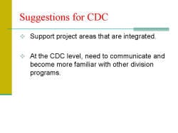 Suggestions for CDC Support project areas that are integrated. At the CDC level, need to communicate and become more familiar with other division programs.