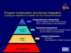 Program Collaboration and Service Integration A typology for integrated HIV, Hepatitis, STD and TB preventive services    Comprehensive integration  Service integration across systems of care (CDC or other) based on risk assessment    Expanded Integration  Service integration across programs funded by CDC based on risk assessment    Limited integration  HIV testing  Some integration of health information    No Integration