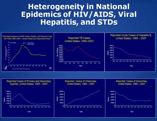 Heterogeneity in National Epidemics of HIV/AIDS, Hepatitis B, TB, and Selected STDs Six line charts showing the heterogeneity within the United States for HIV/AIDS, Hepatitis B, TB and Chlamydia, Gonorrhea, and Syphilis, with Chlamydia showing increasing rates spiking to 35,000,000.
