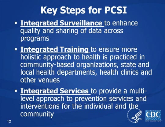 Key Steps for PCSI. Integrated Surveillance to enhance quality and sharing of data across programs. Integrated Training to ensure more holistic approach to health is practiced in community-based organizations, state and local health departments, health clinics and other venues. Integrated Services to provide a multi-level approach to prevention services and interventions for the individual and the community
