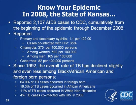 Know Your Epidemic In 2008, the State of Kansas... eported 2,107 AIDS cases to CDC, cumulatively from the beginning of the epidemic through December 2008 Reported Primary and secondary syphilis: 1.1 per 100,00 - Cases co-infected with HIV: 35% Chlamydia: 375 per 100,000 persons - Among women: 582 per 100,000 - Among men: 165 per 100,000 Gonorrhea: 82 per 100,000 persons Since 1992, the overall rate of TB has declined slightly and even less among Black/African American and foreign born persons: 64.9% of TB cases occurred in foreign born 19.3% of TB cases occurred in African Americans 11% of TB cases occurred in White Non Hispanics 4% TB cases co-infected with HIV in 2008