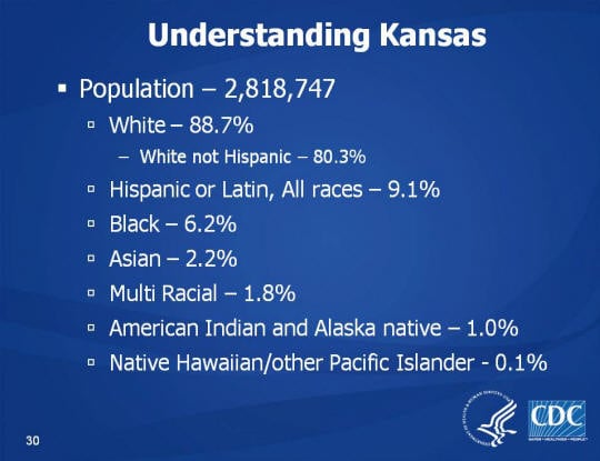 Understanding Kansas. Population – 2,818,747. White – 88.7%. White not Hispanic – 80.3%. Hispanic or Latin, All races – 9.1%. Black – 6.2%. Asian – 2.2%. Multi Racial – 1.8%. American Indian and Alaska native – 1.0%. Native Hawaiian/other Pacific Islander - 0.1%