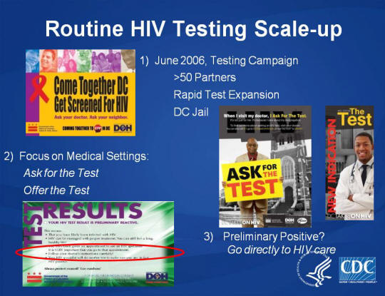 Routine HIV Testing Scale-up. 2) Focus on Medical Settings: Ask for the Test. Offer the Test. 1) June 2006, Testing Campaign >50 Partners, Rapid Test Expansion. DC Jail. Images: Come Together DC Get Screened for HIV Poster, ASK for the TEST Poster, New Indication the Test Poster, Test Results sample.