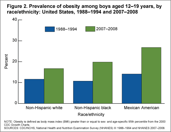 Figure 2 is a bar chart showing the prevalence of obesity among adolescent boys aged 12–19 years in 1988–1994 and 2007–2008 among non-Hispanic white, non-Hispanic black, and Mexican-American boys.