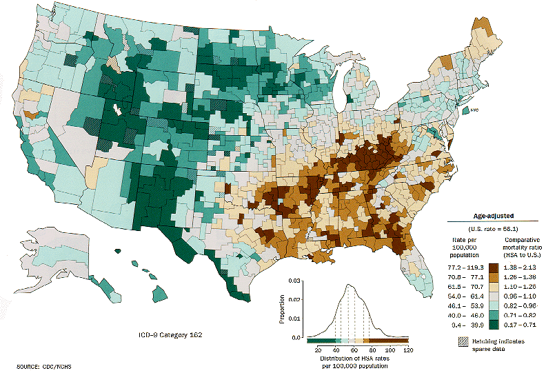 Map for lung cancer, white males