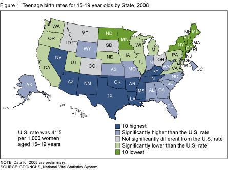 Figure 1 is a map showing teen birth rates by state for 2008.