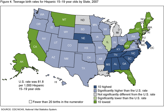 Figure 4 is a map showing Hispanic teen birth rates by state for 2007.