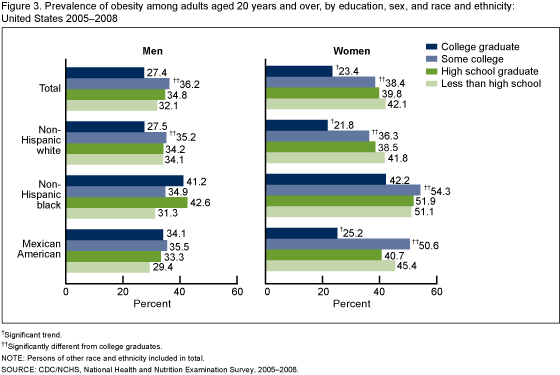Figure 3 is a bar chart showing the prevalence of obesity among adults 20 years and older by sex, race and ethnicity, and education in the United States for the combined years 2005-2008.