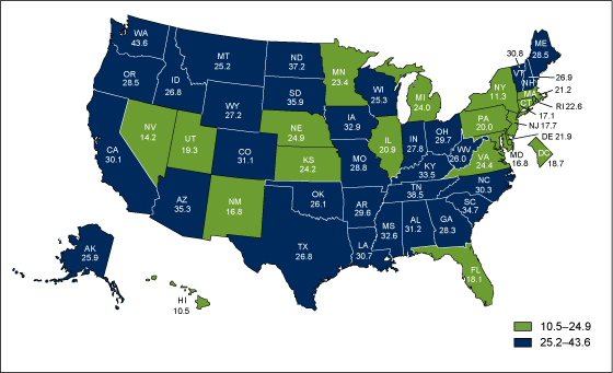 Figure 4 is a United States map showing age-adjusted death rates for Alzheimer%26rsquo;s disease by states for 2010.