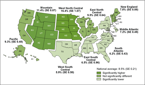 Figure 2 is a United States map showing the percentage of adults who saw a practitioner for chiropractic or osteopathic manipulation in the past 12 months, by region for 2012. 