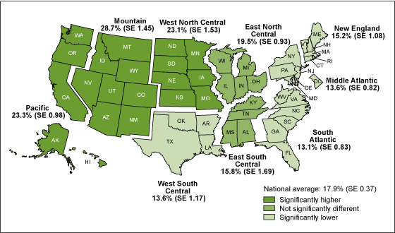 Figure 3 is a United States map showing the percentage of adults who used nonvitamin, nonmineral dietary supplements in the past 12 months, by region for 2012. 