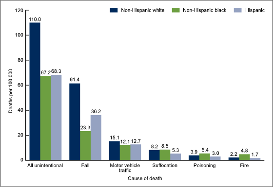 Figure 4 is a bar chart showing age-adjusted death rates by race and ethnicity and cause of death among adults aged 65 and over for combined years 2012 and 2013. 