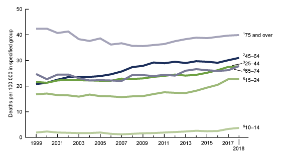 Figure 3. This figure shows the trends in rates of suicide deaths from 1999 through 2018 for males by age group. For all years, the rates were highest for males aged 75 and over and lowest for males aged 10 through 14
