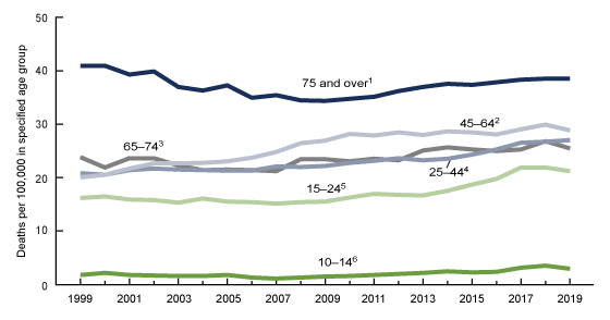 Figure 3 is a six-line chart showing trends in rates in suicide deaths for males by age group from 1999 through 2019. 