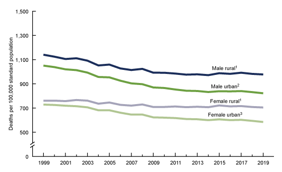 Figure 2 is a line chart showing age-adjusted death rates for urban and rural areas for males and females in the United States from 1999 through 2019.