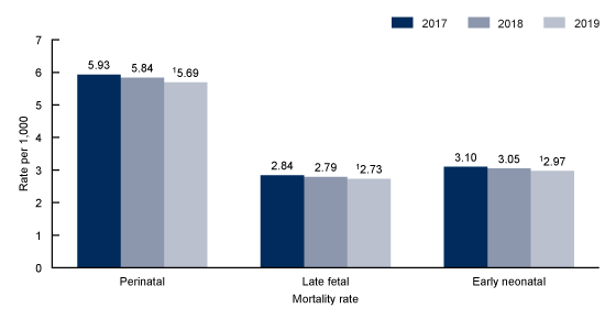 Figure 1 is a bar chart showing perinatal, late fetal, and early neonatal mortality rates for the United States for 2017 through 2019.