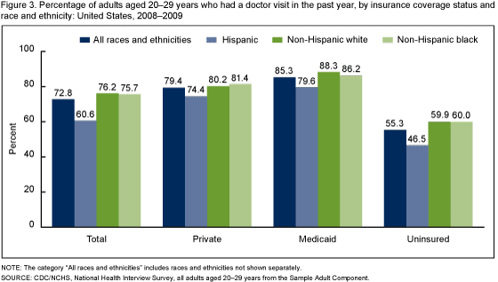 Figure 3 is a bar chart showing the percentage of adults 20 to 29 years of age who had a visit to the doctor in the past year by insurance status and race and ethnicity in 2008-2009.