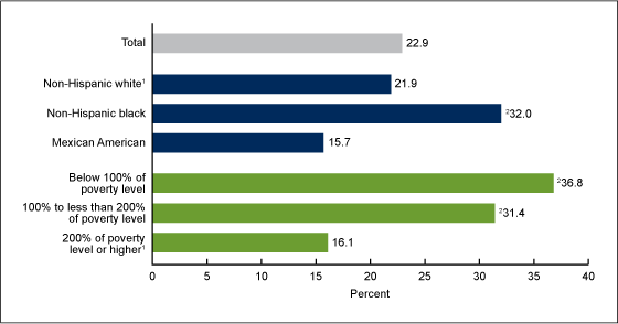 Figure 4 is a bar chart showing the percentage of adults aged 65 and over with complete tooth loss by race/ethnicity and poverty status from 2005 through 2008.