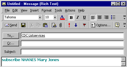 example of email subsribing user Mary Jones. email reads: subscribe space N H A N E S space Mary space Jones