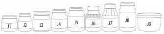 A set of 9 baby food jars, reading J1 through J9 from left to right