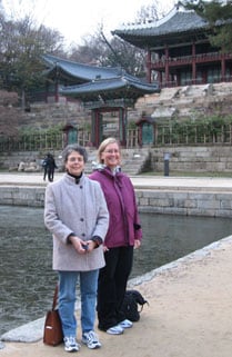 Drs. Rosemarie Hirsh (left) and Kathryn Porter (right) visiting the Changgyeonggung Palace Ponds (Joseon Dynasty).