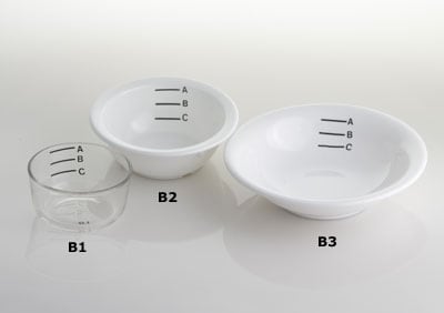 Three bowls of varying width and volume. From left to right: B1, B2, B3