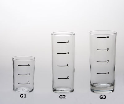 Three glasses of varying heights and volume. From left to right: G1, G2, G3