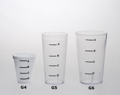 Three glasses of varying heights and volume. From left to right: G4, G5, G6