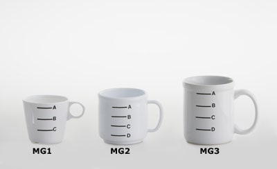 Three measuring cups of varying height and volume