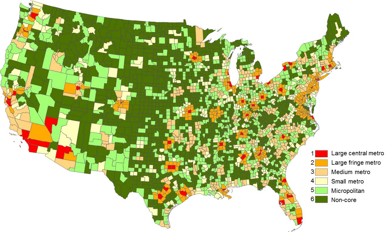 This map shows all U.S. counties and county equivalents and their classification under the 2006 NCHS Urban-Rural Classification Scheme for Counties. Large central metro counties are red, large fringe metro counties are orange, medium metro counties are yellow, small metro counties are white, micropolitan counties are light green, and noncore counties are dark green. The map illustrates that the eastern half of the United States is more densely settled than the western half. The map also illustrates the differences in county size -- smaller counties east of the Mississippi and larger counties west of the Mississippi.