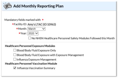 NHSN Application Add Monthly Reporting Plan page with Influenza Vaccination Summary checked