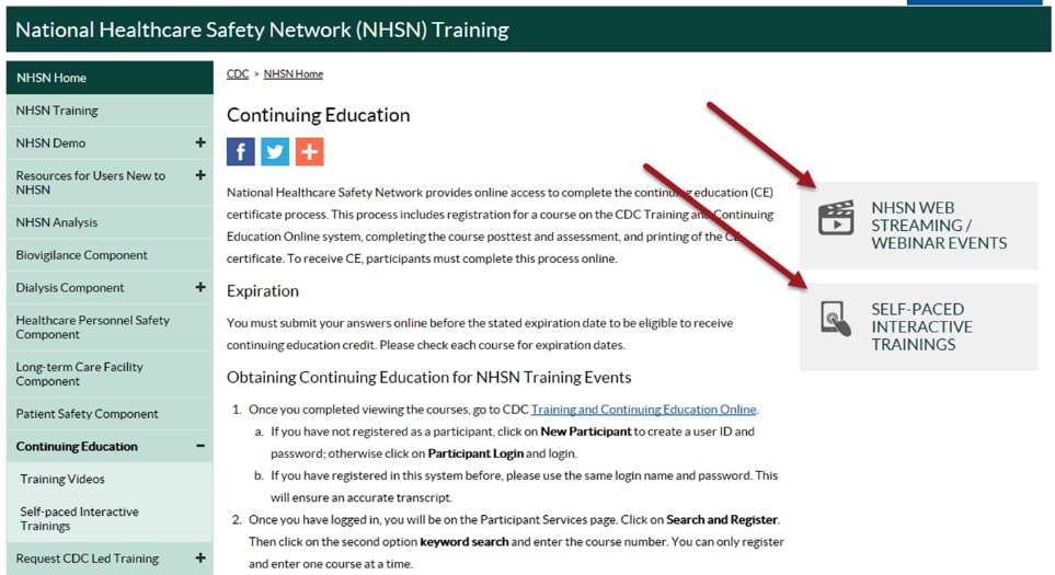 NHSN continuing education webpage showing links to CE and all training activities