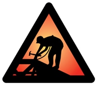 Campaign logo for the safety pays, falls costs campaign. Shows silhouette of construction worker in side a orange triangle sign