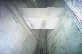 Hopper, center divider, and conveyor belt at bottom.