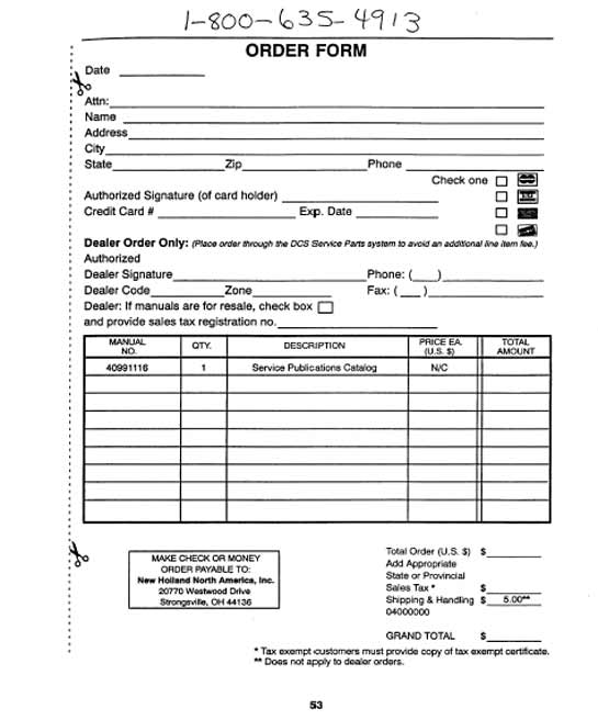 Example of an order form for a specific tractor/equipment operator’s manual. Dealers can provide specific details for your piece of equipment.