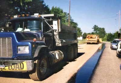work area with dump truck