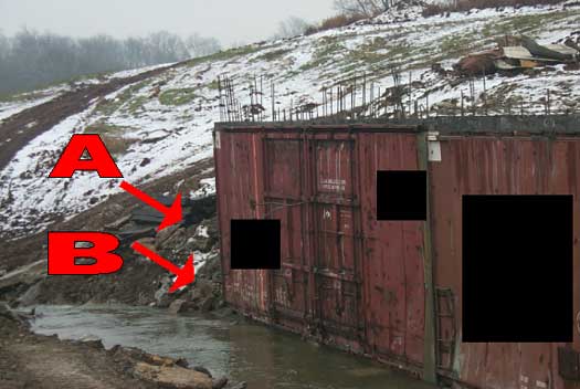 A: Track hoe location at time of incident B: Location of Decedent at time of incident