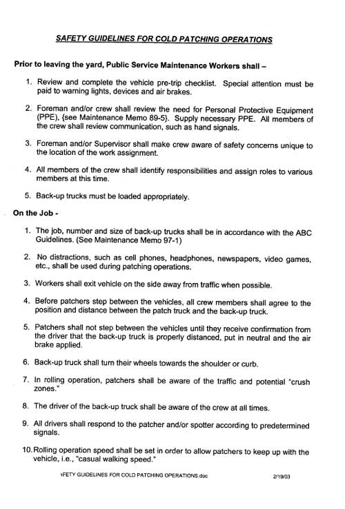 Safety guidelines for cold patching operations