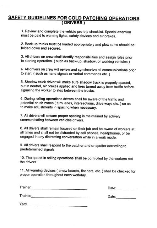 Safety guidelines for cold patching operations (Drivers)