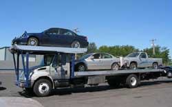 Typical vehicle hauling setup on a transporter.