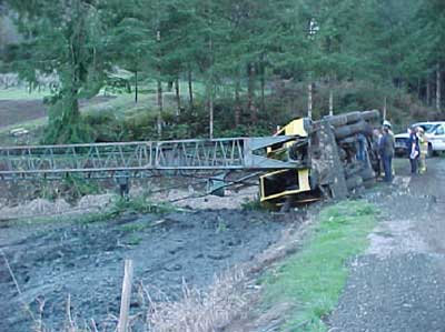 Photo 2. Crane topples over, crushing worker, while dredging dry fish pond.