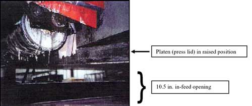 A close-up view of the glue press in-feed opening shows the platen above, and the glue roller in front with a piece of duct tape attached.