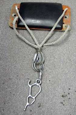 Detail of a boatswain&rsquo;s chair shows attachment to a descender with a screw-type carabiner.